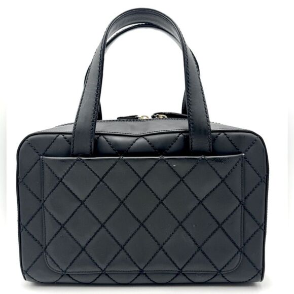 Auth Chanel Black Matte Leather Wild Stitch Surpique Medium Zip Around Tote Bag - Picture 5 of 16
